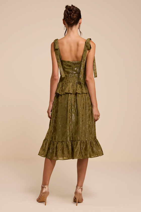 Elethea Olive Floral Jacquard Tie-Strap Midi Dress - thumbnail 3