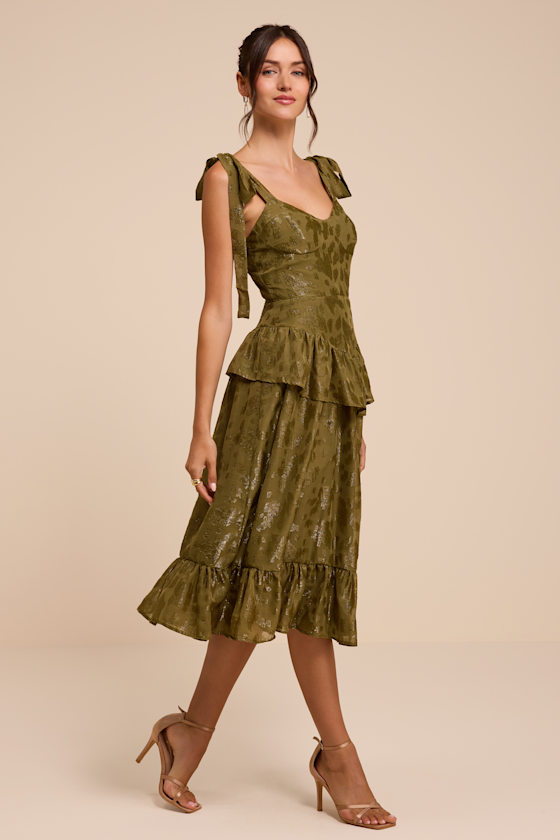 Elethea Olive Floral Jacquard Tie-Strap Midi Dress - thumbnail 4