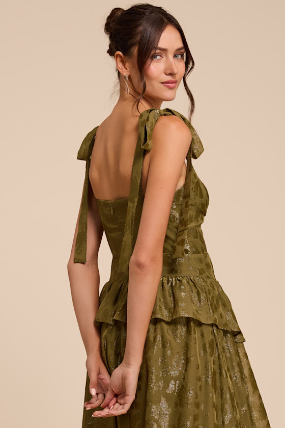 Elethea Olive Floral Jacquard Tie-Strap Midi Dress - thumbnail 5