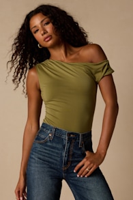 Lulah Olive Green Slinky Knit Asymmetrical Bodysuit 1