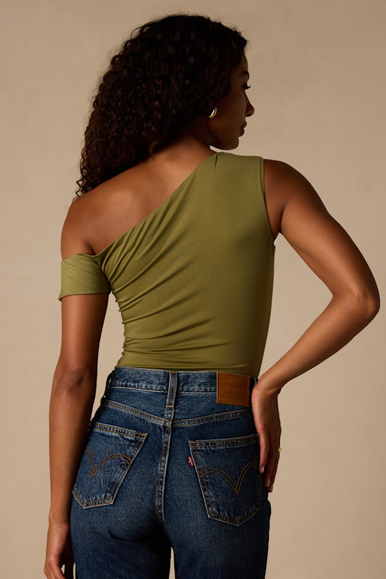 Lulah Olive Green Slinky Knit Asymmetrical Bodysuit 2