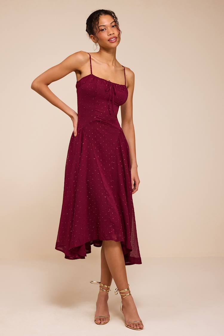 burgundy a line midi dress Rihoas Burgundy Lapel Collar Midi Dress Button Front Long Sleeve for Winter Work, Christmas Church, Wine Red / S
