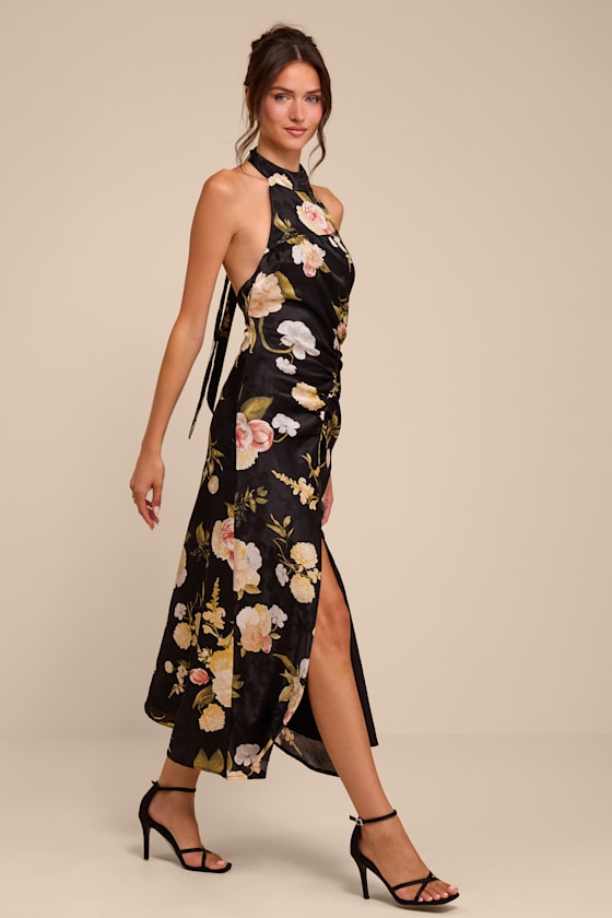 Celinda Black Multi Floral Satin Halter Midi Dress - thumbnail 4