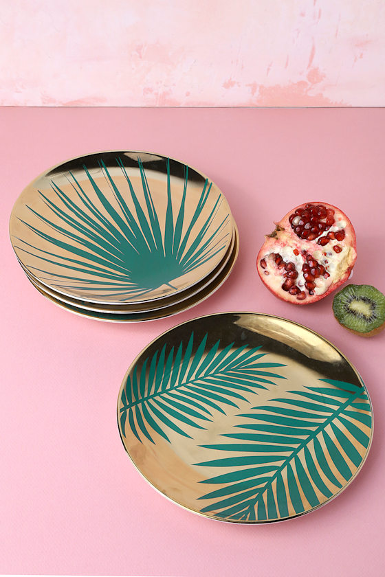 Paradise Green and Gold Botanical Porcelain Dinner Plates 6