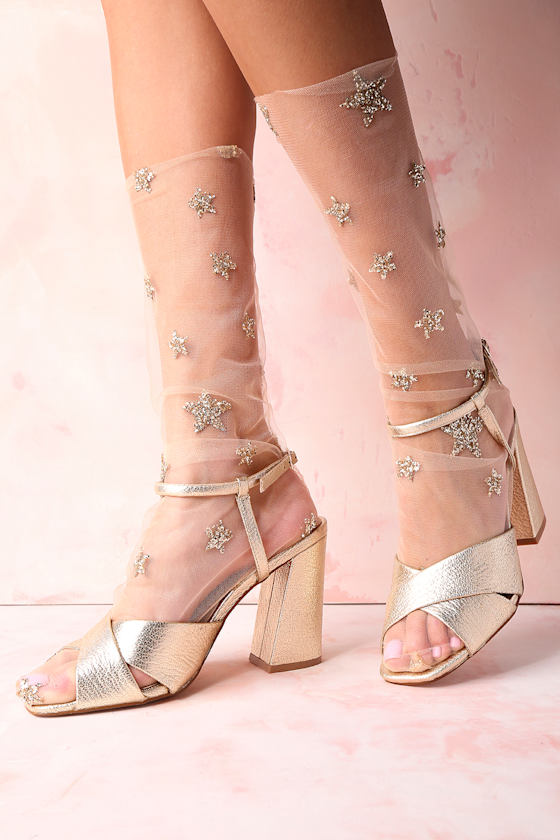Stars in Her Eyes Gold Glitter Star Print Tulle Socks 1