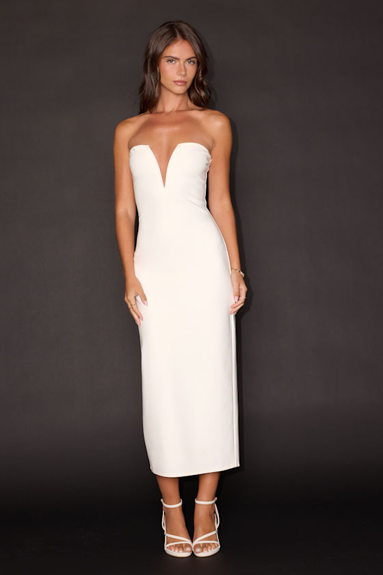 Iniko White Strapless Bodycon Midi Dress 1
