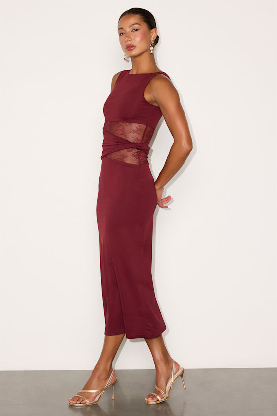 Klea Burgundy Lace Cutout Column Midi Dress - thumbnail 4