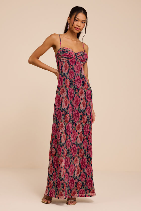 Navy Multi Floral Dress - Plisse Maxi Dress - Sleeveless Dress - Lulus