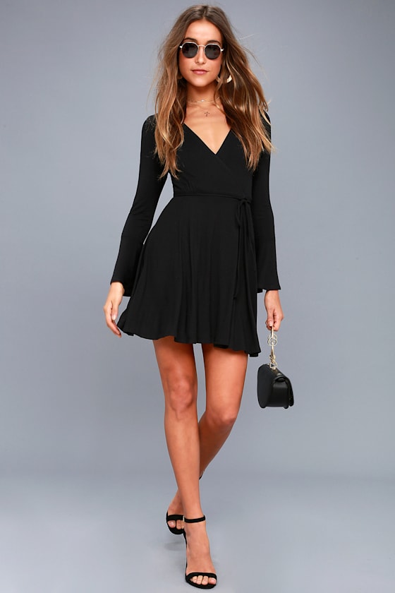 Plot Twist Black Flounce Sleeve Wrap Dress 2