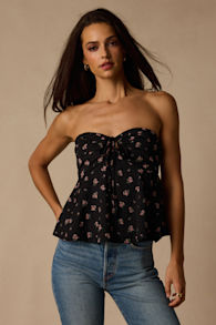 Rinna Black Floral Strapless Peplum Top 1
