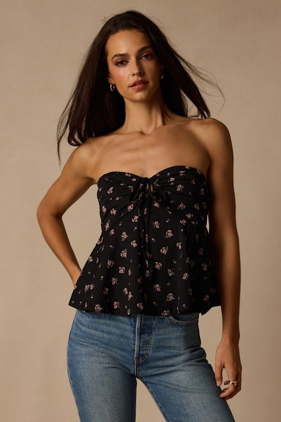 Rinna Black Floral Strapless Peplum Top 1