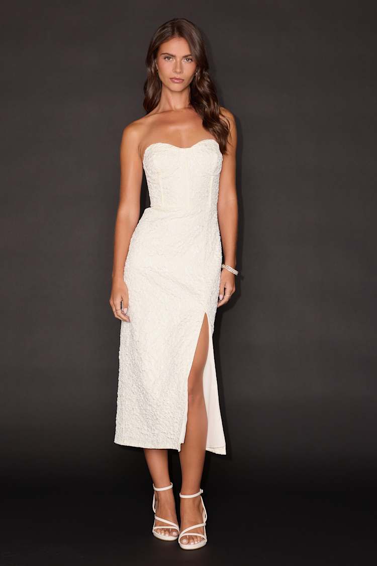 Lulus | White Roxy Cream Floral Jacquard Bustier Midi Dress | Womens | X-Large (Available in XS, S, M, L)