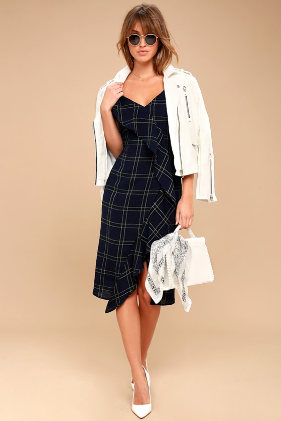 Candid Moments Navy Blue Plaid Ruffled Midi Dress 1