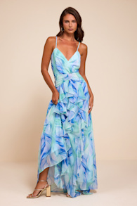 Astraea Light Blue Abstract Surplice Ruffled Maxi Dress 1