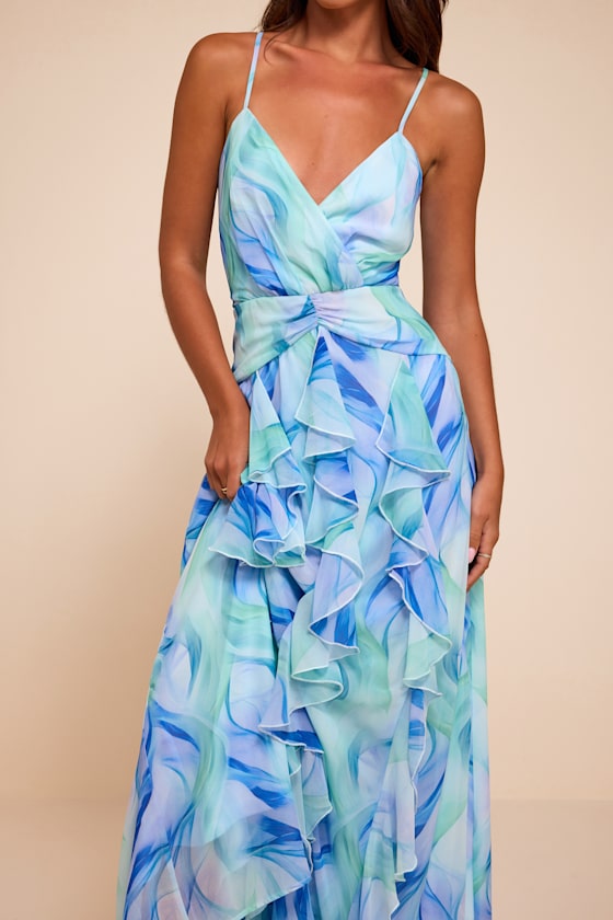 Astraea Light Blue Abstract Surplice Ruffled Maxi Dress - thumbnail 2