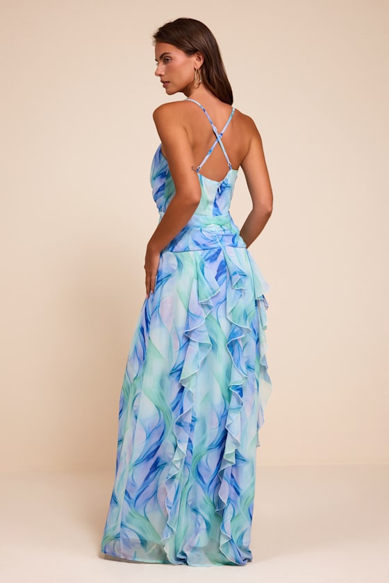 Astraea Light Blue Abstract Surplice Ruffled Maxi Dress - thumbnail 3