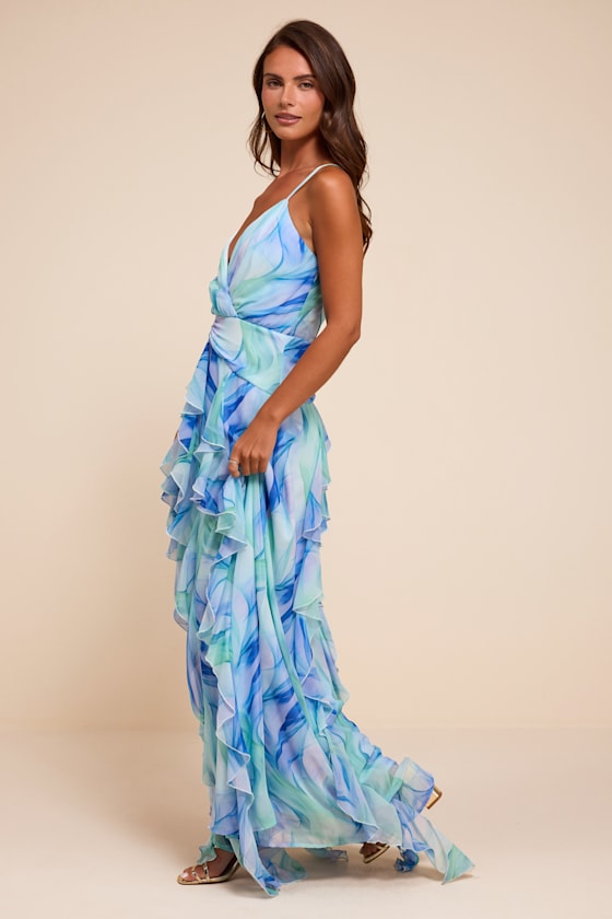 Astraea Light Blue Abstract Surplice Ruffled Maxi Dress - thumbnail 4