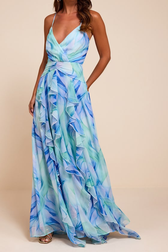 Astraea Light Blue Abstract Surplice Ruffled Maxi Dress - thumbnail 5