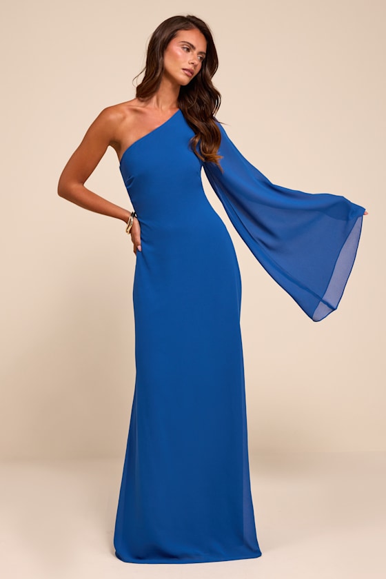 Elizabeth Blue One-Shoulder Bell Sleeve Maxi Dress