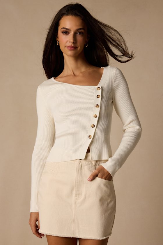 Modern Status Ivory Asymmetrical Button-Front Sweater Top 1