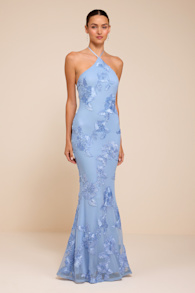 Celyna Light Blue Mesh Floral Applique Maxi Dress 1