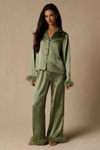 Dreamiest Delight Sage Satin Feather Two-Piece Pajama Set 1