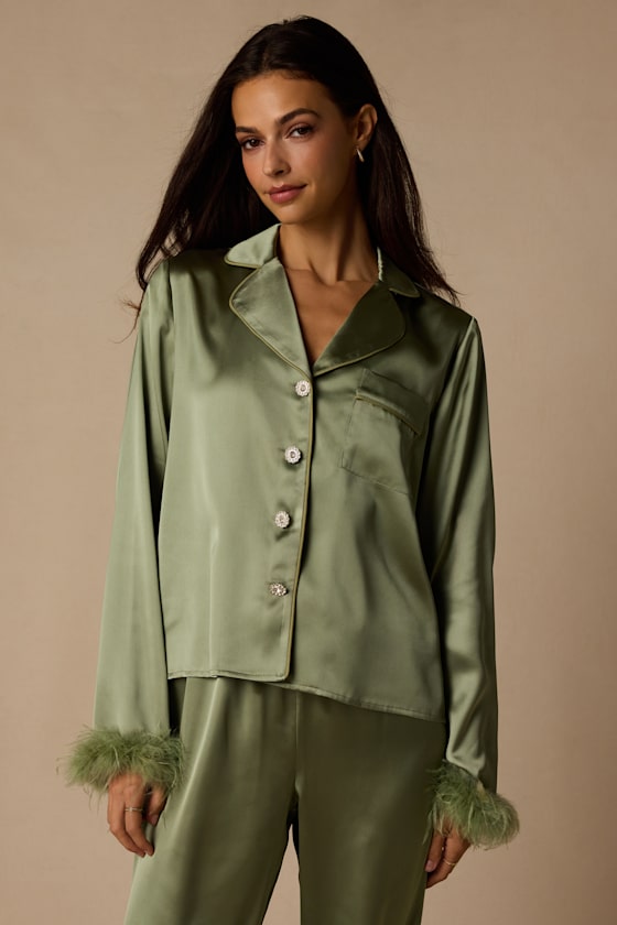 Dreamiest Delight Sage Satin Feather Two-Piece Pajama Set 2