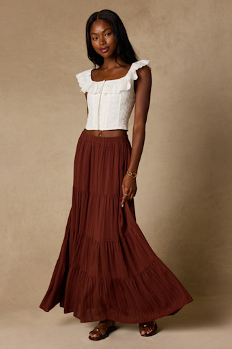 Sunset by the Sea Brown Embroidered Tiered Maxi Skirt 1