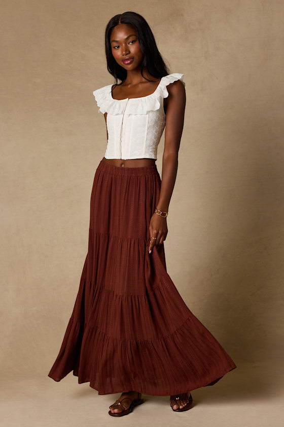 Sunset by the Sea Brown Embroidered Tiered Maxi Skirt 1