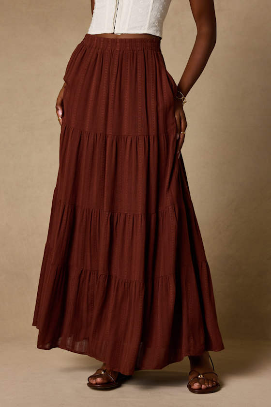 Sunset by the Sea Brown Embroidered Tiered Maxi Skirt 2