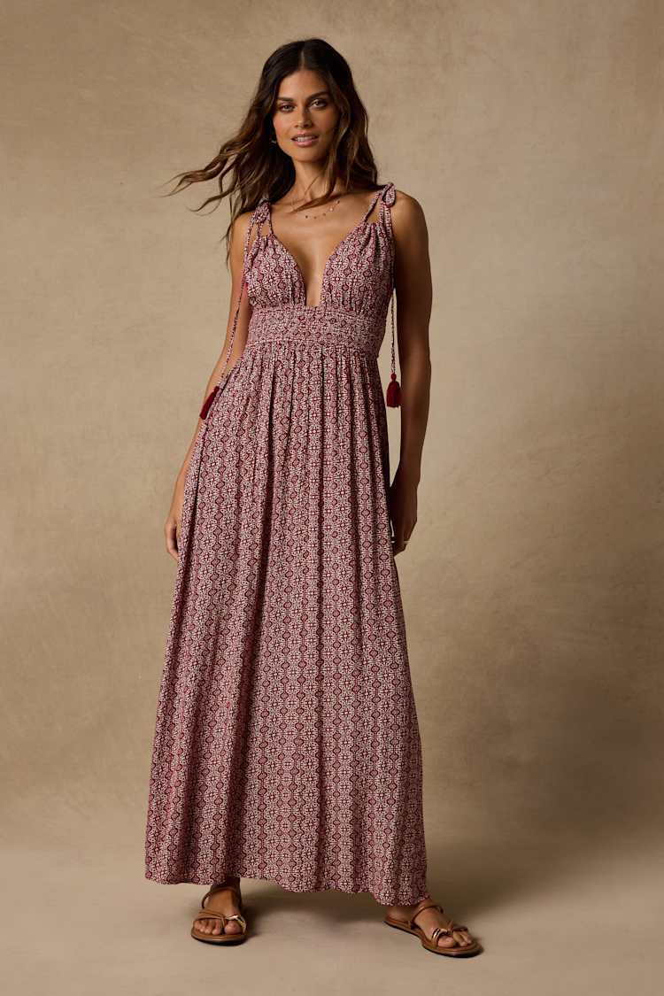 wine boho dress Lulus | Wine Red Print Tie-Strap Maxi Dress | Womens | Large (Available in XXL, XXS, XS, S, M, XL)