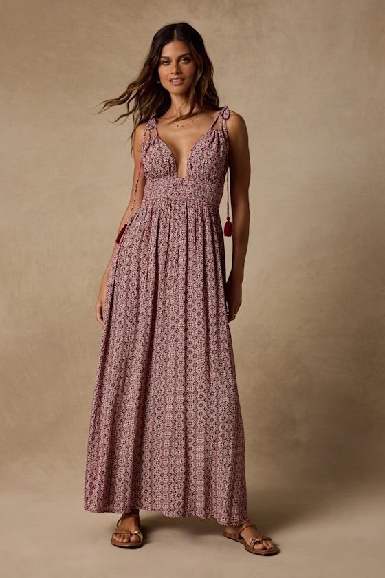 Field Day Wine Red Print Tie-Strap Maxi Dress 1