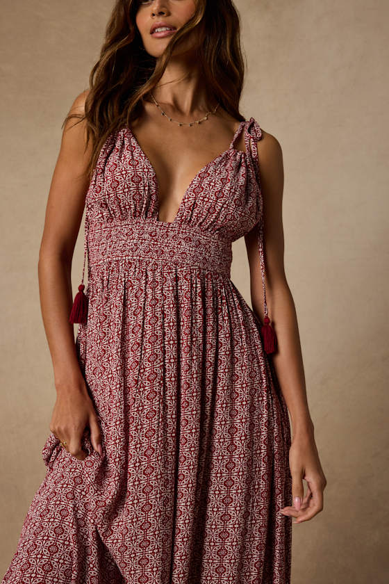 Field Day Wine Red Print Tie-Strap Maxi Dress 2
