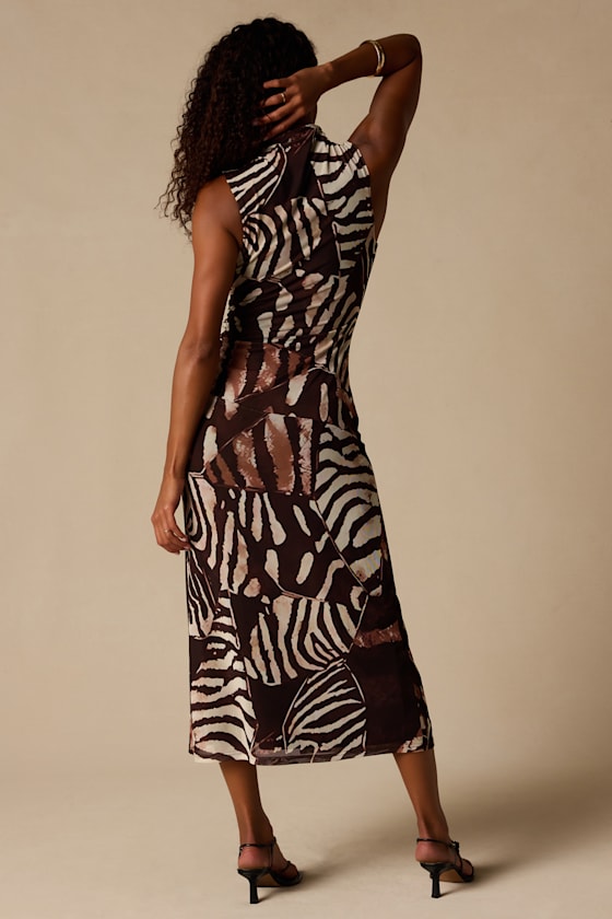 Rosannah Brown Multi Abstract Mesh Mock Neck Midi Dress - thumbnail 3