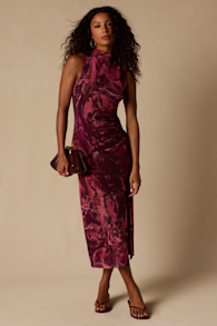 Sequoia Mauve Multi Abstract Mesh Mock Neck Midi Dress 1