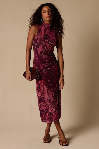 Rosannah Mauve Multi Abstract Mesh Mock Neck Midi Dress 1