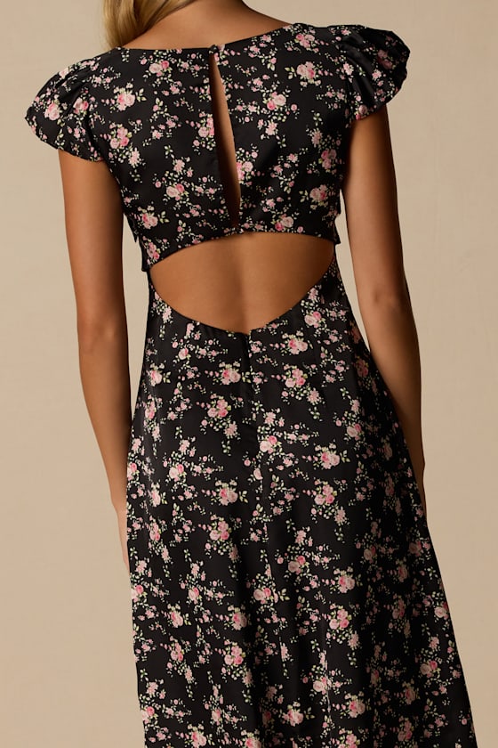 Panzy Black Floral Satin Midi Dress - thumbnail 3
