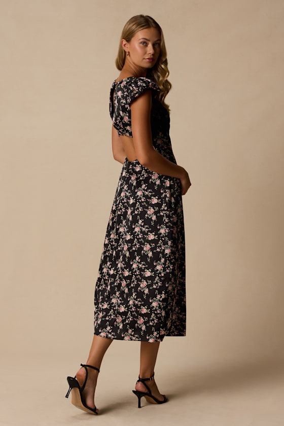 Panzy Black Floral Satin Midi Dress - thumbnail 4