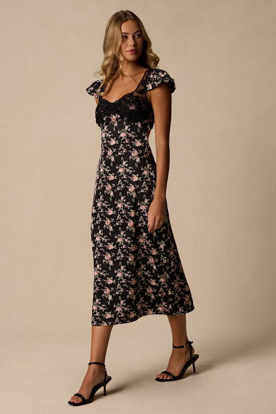 Panzy Black Floral Satin Midi Dress - thumbnail 5