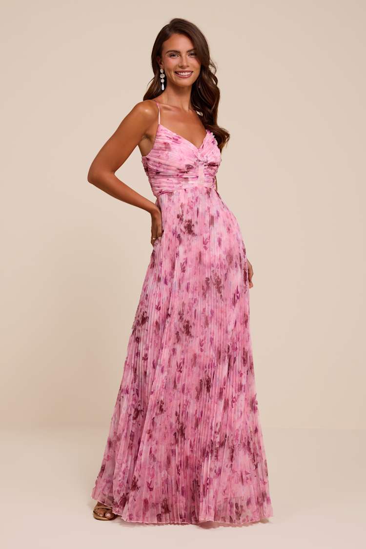 pink floral pleated dress Pink Floral Print Cotton Pleated Shirt Dress - Midi Dress