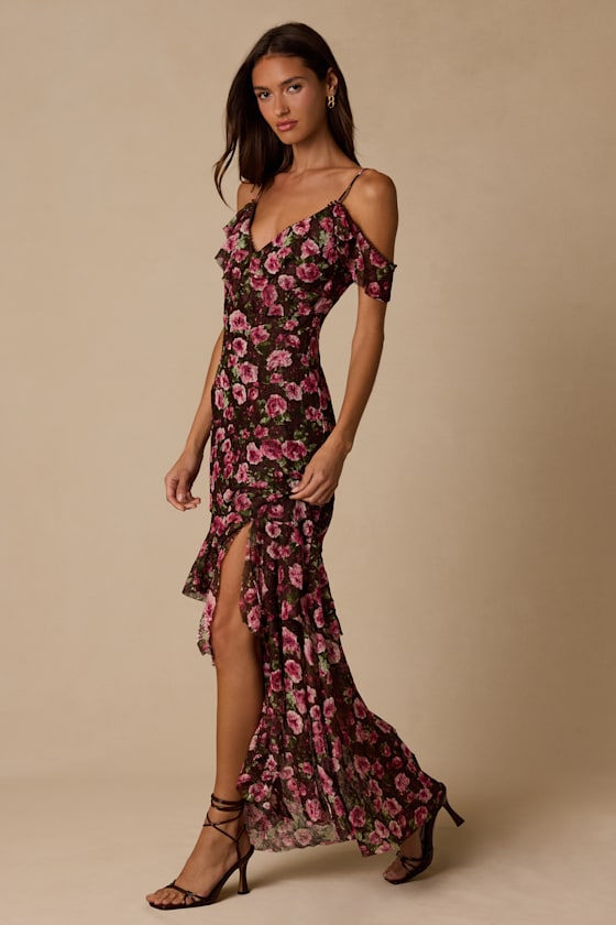 Lisbette Brown Floral Ruffled Mesh Dress - thumbnail 4