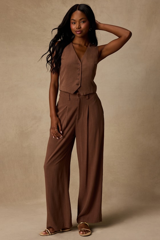 Suits You Perfectly Brown Linen Wide-Leg Pants 1