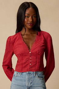 Keyra Rust Red Button-Front Balloon Sleeve Crop Top 1