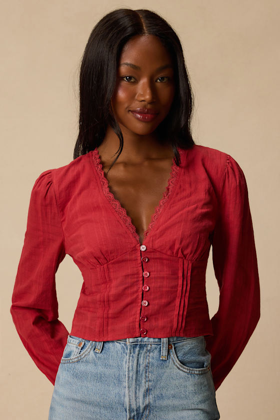 Keyra Rust Red Button-Front Balloon Sleeve Crop Top 1