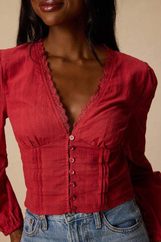 Keyra Rust Red Button-Front Balloon Sleeve Crop Top 2