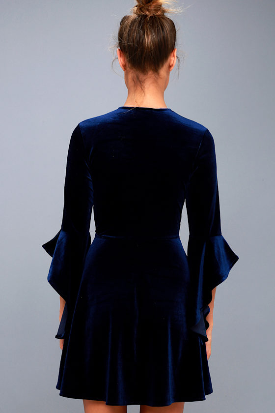 Cute Navy Blue Dress - Velvet Dress - Skater Dress - Lulus