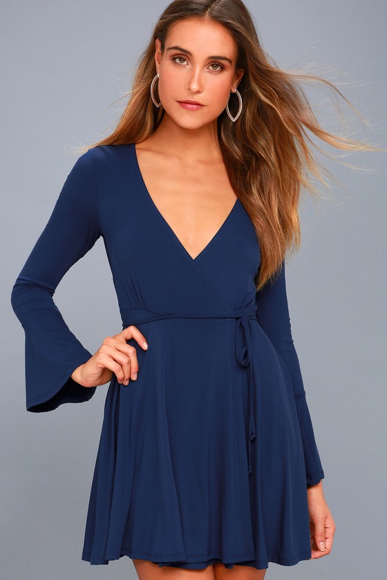 Cute Flounce Sleeve Dress - Wrap Dress - Navy Blue Dress - Lulus