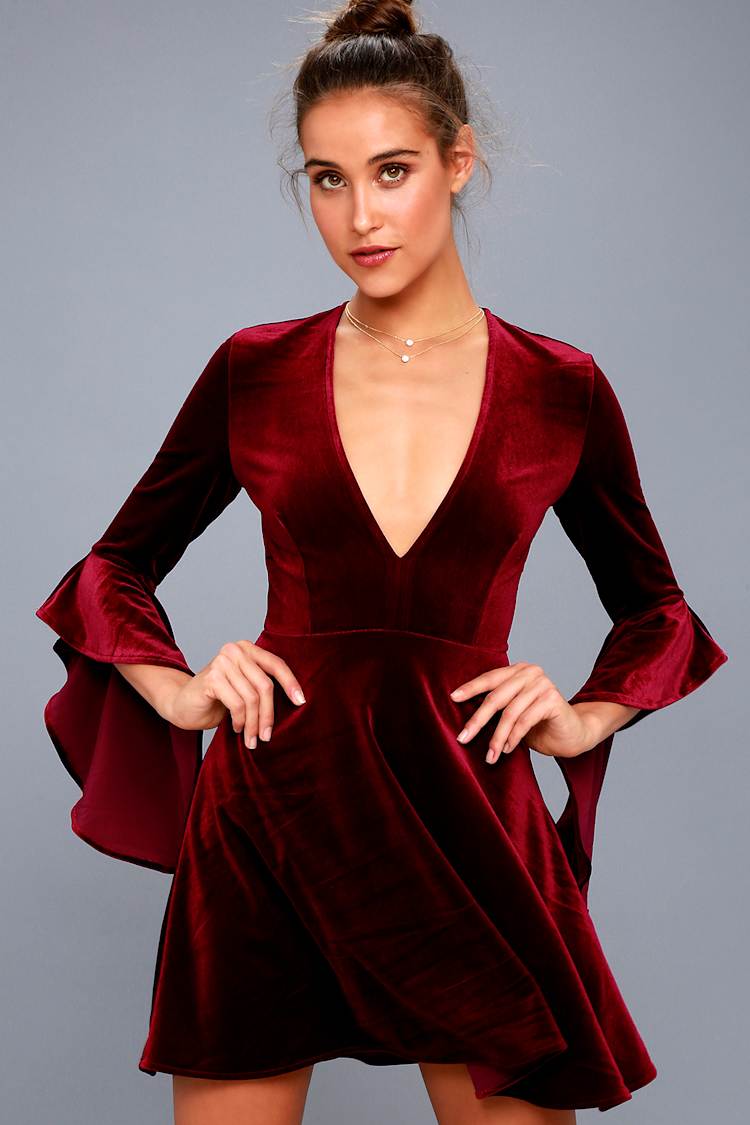princess polly baby blue dress Cute Burgundy Dress - Velvet Dress - Skater Dress