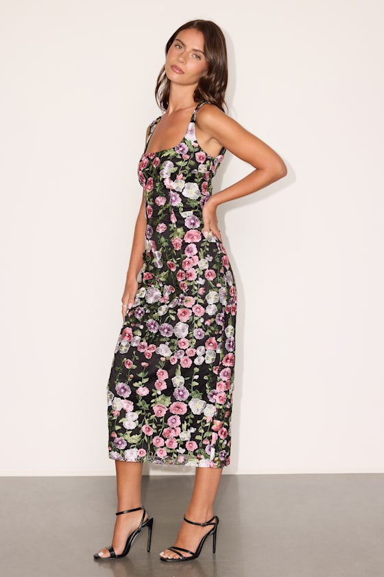Alette Black Multi Floral Embroidered Column Midi Dress - thumbnail 4