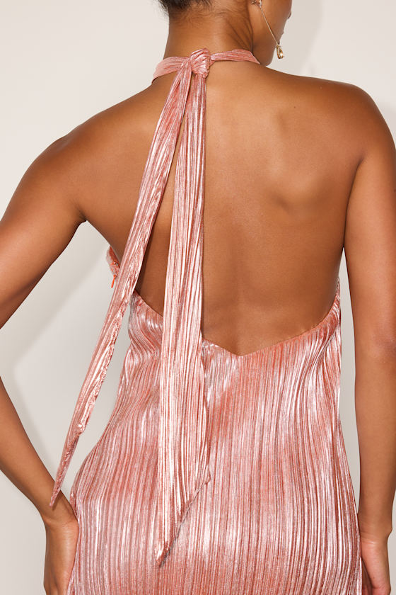Collins Peach Lurex Plisse Halter Mini Dress - thumbnail 4
